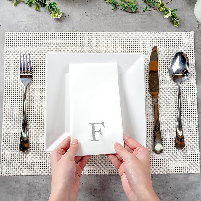 Luxenap 15.8 X 7.9 Inch Linen-Feel Guest Towels, 50 Lettered Hand Towels - Silver Letter 'F', Sans Serif Font, White Paper Dinner Napkins, airlaid, For Restrooms And Tables - Restaurantware