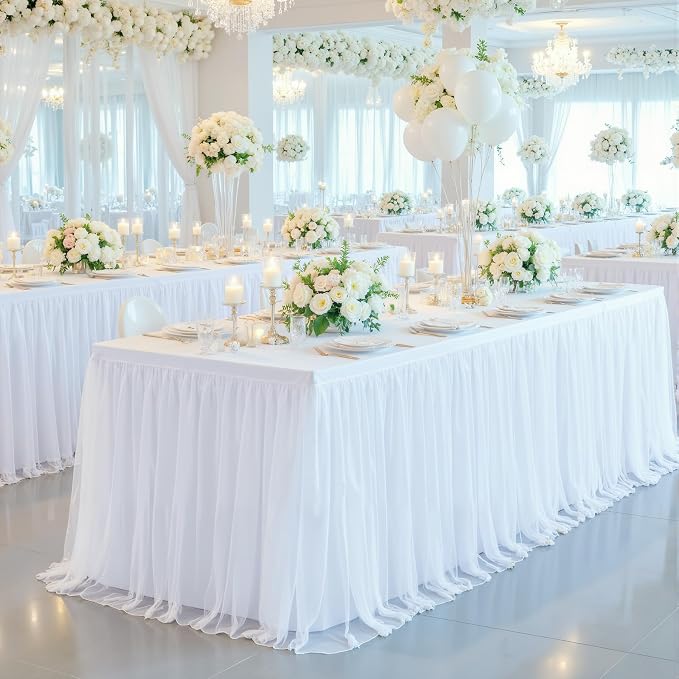 2 Pack White Table Cloth for 6 Foot Rectangle Tables, White Stretch Fitted Tulle Table Covers Skirt, Rectangular Ruffle Tutu Tablecloth Wedding Banquet Baby Shower Cake Tablecloths Decorations