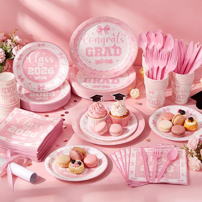 Funnymoom 400 Pcs Pink Bow Graduation Party Supplies, Coquette 2026 Congrats Grad Paper Plates and Napkins Cups Set with Spoons Forks Knives, Class of 2026 Tableware Set for Grad Party Decorations