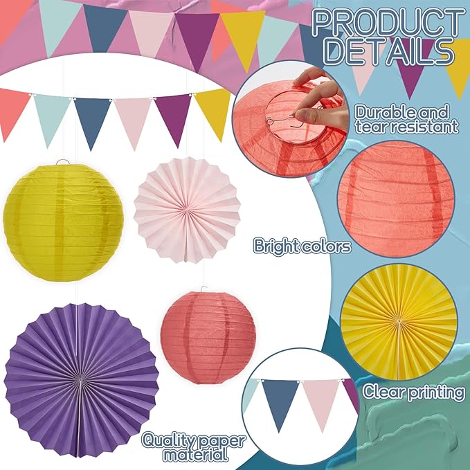 21Pcs Morandi Classroom Decor Morandi Hanging Paper Lanterns Paper Fans Triangle Flags Banners Set Round Lantern for Back to School Ceiling Supplies Home Indoor Birthday Party Ceremonial Event