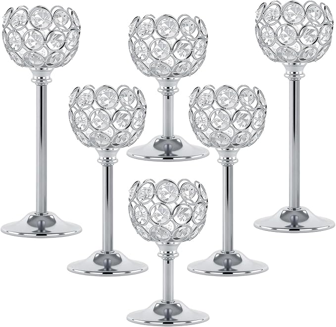 Crystal Candle Holders 2 Set of 6 - Sliver Vintage Hollow Ball Candle Stand for Table Centerpiece, Crystal Metal Tealight Candlestick for Wedding, Dining Room Decor