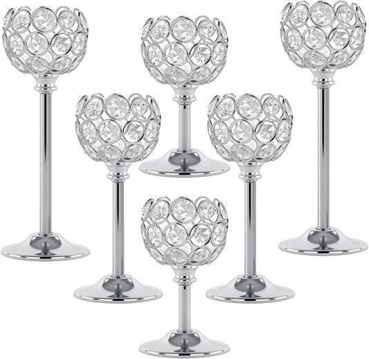 Crystal Candle Holders 2 Set of 6 - Sliver Vintage Hollow Ball Candle Stand for Table Centerpiece, Crystal Metal Tealight Candlestick for Wedding, Dining Room Decor