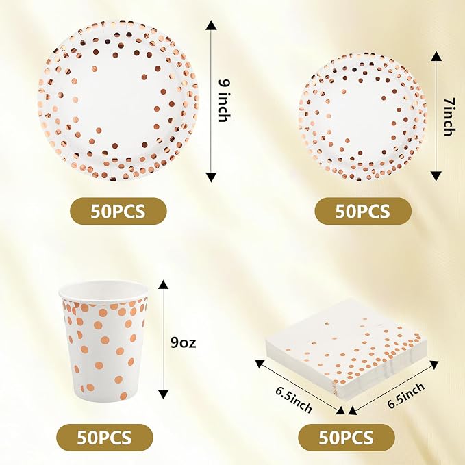 hapray 201PCS Disposable Paper Plates Rose Gold Party Supplies, Polka Dots Birthday and Baptism Decorations, include Cups, Napkins, Plastic Tablecloth, for Baby Shower, Mother's Day
