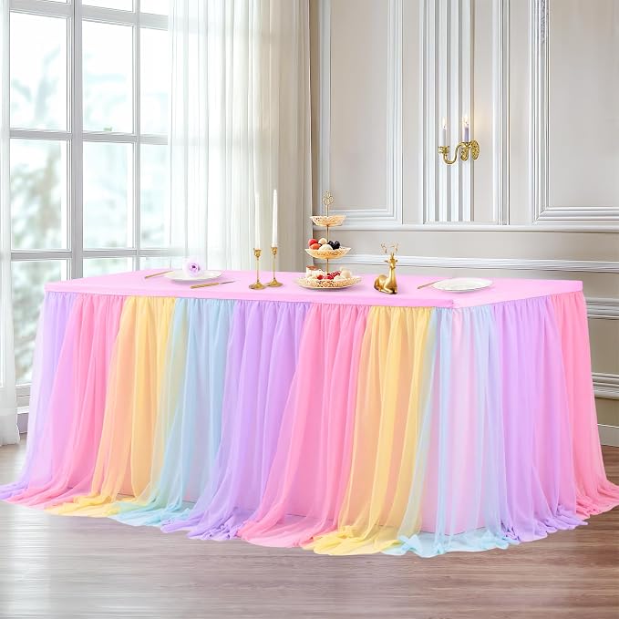 2-in-1 Rainbow Tablecloths with Tulle Table Skirt for 6 Foot Rectangle Tables, Party Ruffle Tutu Table Skirt Stretch Fitted Covers for Wedding Reception Birthday Baby Shower Celebration Banquet Event