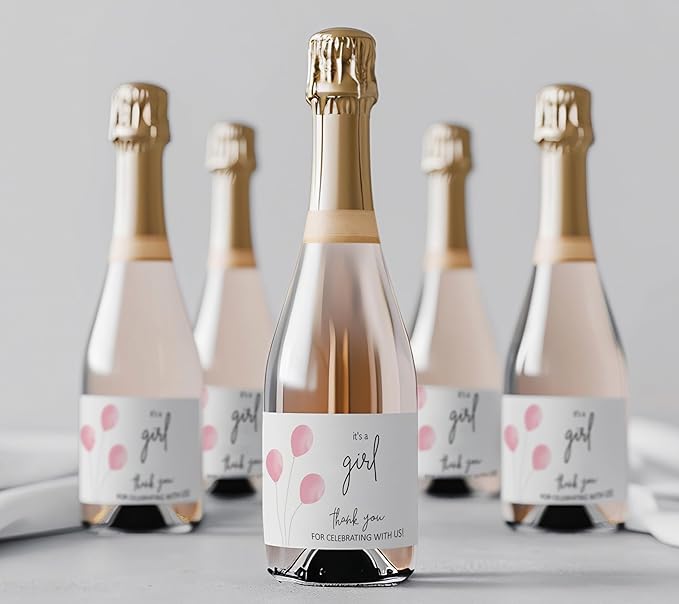 It’s a Girl Mini Champagne Bottle Labels ● SET of 12 ● Pink Baby Shower Mini Champagne Label, About to POP Thank You for Celebrating with us Favors Stickers Gender Reveal WATERPROOF (Balloons)