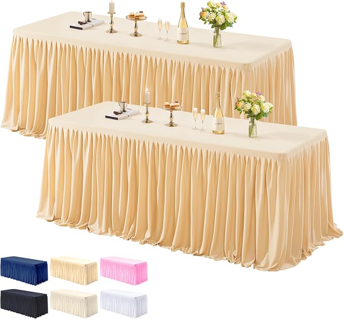 2 Pack Dark Champagne Tablecloths for Rectangle Tables 8ft, Wrinkle Resistant Champagne Table Cover Fitted Stretch Table Cloth with Pleated Ruffle Skirts for Party Banquet Dining Birthday Wedding