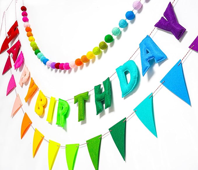3 Pcs Pre-Strung Reusable Happy Birthday Banner, Handmade Wool Felt Ball Garland, Triangle Flags, Personalized Felt Holiday Sign Pom Pom Garland for Rainbow Party Decorations Fireplace Mantel Wall Window (Birthday Banner + Flags + Rainbow Balls)