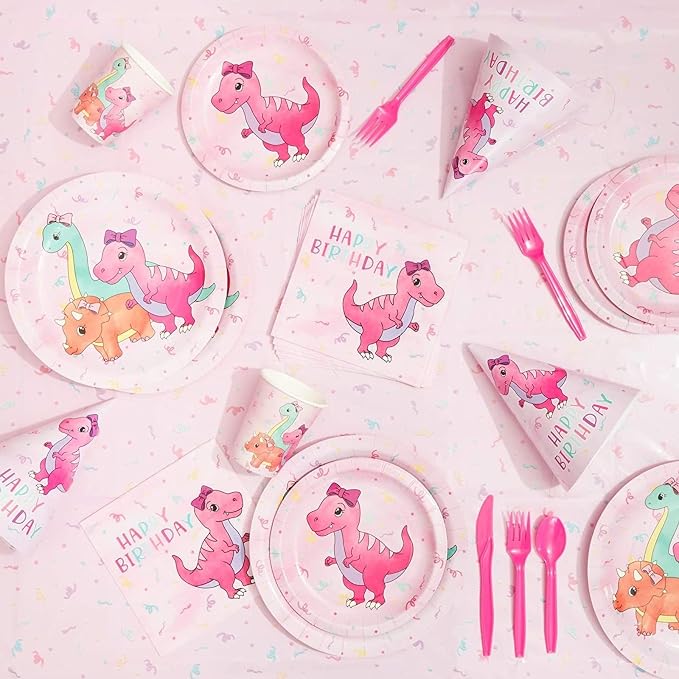 195-Piece Pink Baby Girl Dinosaur Birthday Party Supplies with Plates, Napkins, Cups, Cutlery, Banner, Hats, Table Covers (Serves 24) - Pastel Pink Dinosaur Party Decorations