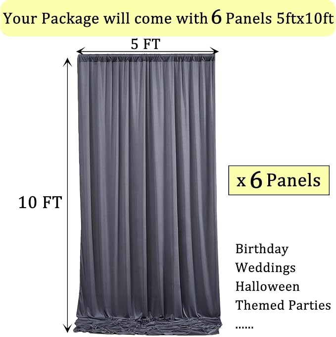 30ft x 10ft Wrinkle Free Charcoal Backdrop Curtains for Parties, 6 Panels Silky Polyester Photo Backdrop Drapes for Wedding Birthday Party Photography Background Backdrop Stand