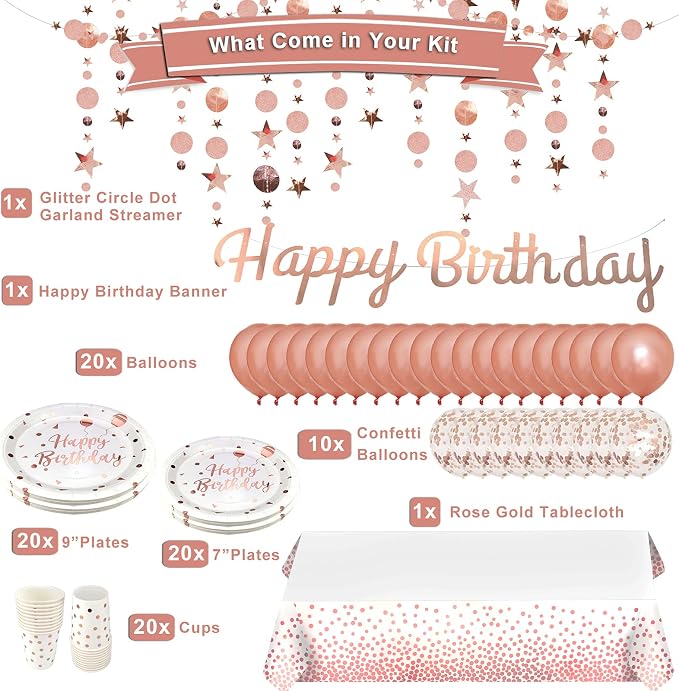 Rose Gold Birthday Party Supplies for 20 Guests - Rose Gold Happy Banner, Glitter Circle Dot Garland with Party Plates and Cups, Tablecloth, Balloons for Women Girl Birthday Party