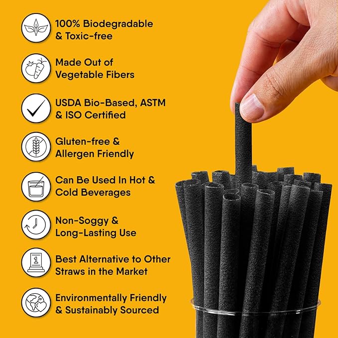 The Veggie Straws – 300 PCS of 8.25 Inches Individually Wrapped Black Biodegradable Straws – Made of Vegetable Fibers, Best Environment Friendly Drinking Straws for Hot and Cold Beverages