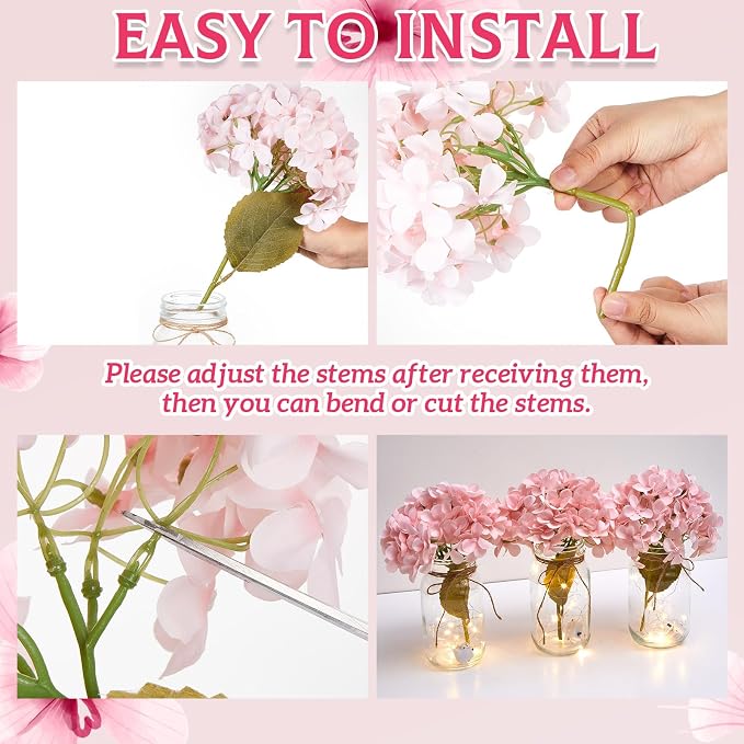 4 Sets Mason Jar Centerpiece with LED Lights and Pink Hydrangea Fake Flowers Vase for Wedding Bridal Shower Party Coffee Table Decor