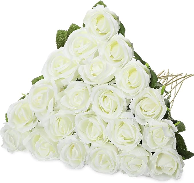 Hotop 20 Pcs Artificial Rose Flowers with Long Stem, Real Lifelike Silk Realistic Plastic Bouquet Roses Bulk for Home Decor Bridal Wedding Party Table Centerpieces Decorations(White)