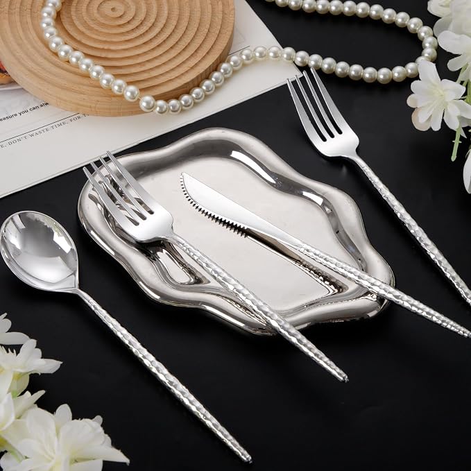Supernal 360pc Silver Plastic Silverware, Heavy Duty Disposable Utensils | Hammered Flatware Cutlery (120 Forks, 120 Knives, 120 Spoons) Bulk Pack for Weddings, Parties, and Holiday Theme Catering