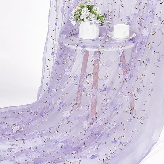 NBEADS 5 Yards Polyester Embroidered Mesh Fabric, 59 Inch Wide Floral Mesh Tulle for Bridal Gown Prom Dress Curtain DIY Sewing Backdrop, Lilac