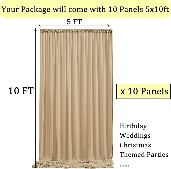 50ftx10ft Wrinkle Free Champagne Backdrop Curtains for Parties, 10 Panels 5x10ft Thick Polyester Backdrop Drapse for Weddings Birthday Photography Background Curtains