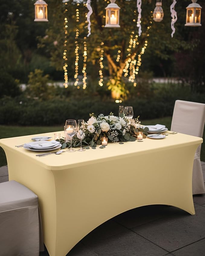Fixwal Champagne Stretch Table Cloth Rectangle 2 Pack 6Ft, Spandex Fitted Table Covers Washable for Party, Trade Show, Banquet, Wedding, Buffet