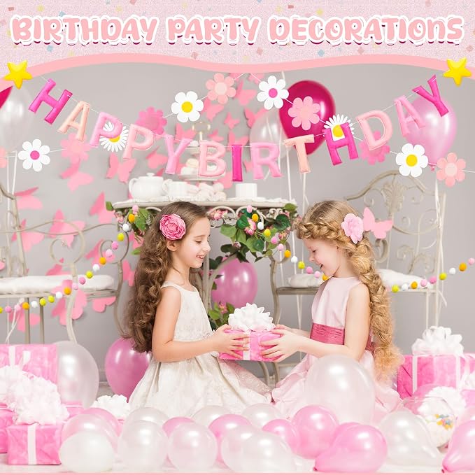 Mindsoft Felt Birthday Decorations Pre Strung 3D Felt Happy Birthday Banner with Fabric Flower Garland, Colorful Ball, Party Decorations for Women Men Boys Girls(Pink,Cute)