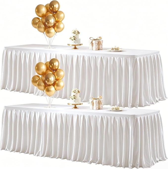 Wish Care 2 Pack Satin Table Cover Skirts for 6ft Rectangular Tables, White Shimmer Silk Tablecloth with Floor Length Ruffle for Wedding Banquet Party Buffet Decoration
