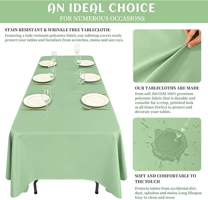 Showgeous 4 Pack Sage Green Rectangle Tablecloth 60 x 126 Inch, Wrinkle & Stain Resistant, Perfect for 6ft & 8ft Tables, Wedding, Banquet, Everyday Use