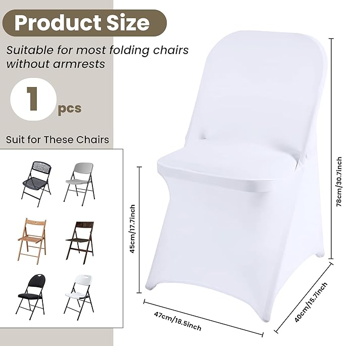 Folding Chair Covers White Stretch Spandex Chair Covers Upgraded Universal Washable Fitted Chair Slipcovers Protector for Party, Wedding, Holidays, Banquet, Celebration (White)