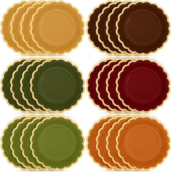 48 Pcs Green and Brown Paper Plates 9 Inch Gradient Woodland Scalloped Paper Plates Disposable Dinner Dessert for Birthday Wedding Bridal Party Supplies, 6 Colors