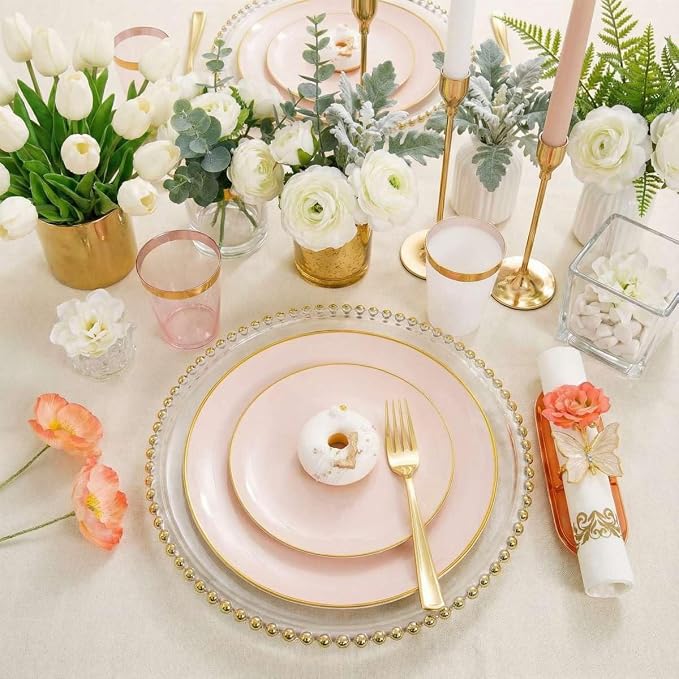 Rubtlamp 210Pcs Plastic Pink Plates with Gold Plastic Silverware Set Include 30Pink Dinner & 30 Dessert Plates, 90Gold Cutlery, 30Gold Cups, 30Napkins, Pink Dinnerware for Valentines&Mother's Day