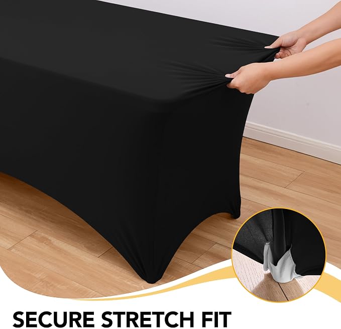 6-Pack Premium Black Spandex Tablecloths for 8ft Rectangle Tables, Stain & Wrinkle-Resistant, Washable Stretch Polyester Fitted Table Cover for Weddings, Banquets, Events, Parties