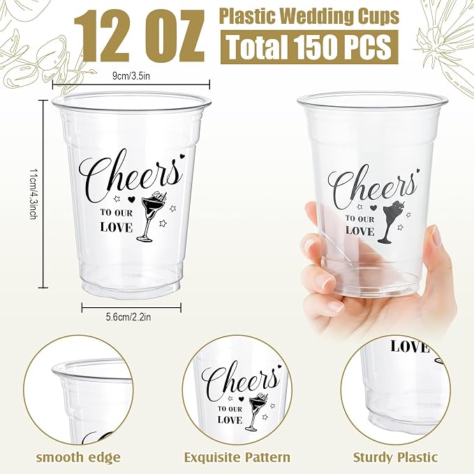 150 Pcs Wedding Plastic Cups Bulk 12oz Bridal Shower Cups Wedding Decorations for Reception Mr and Mrs Cheers to Love Bridal Party Supplies