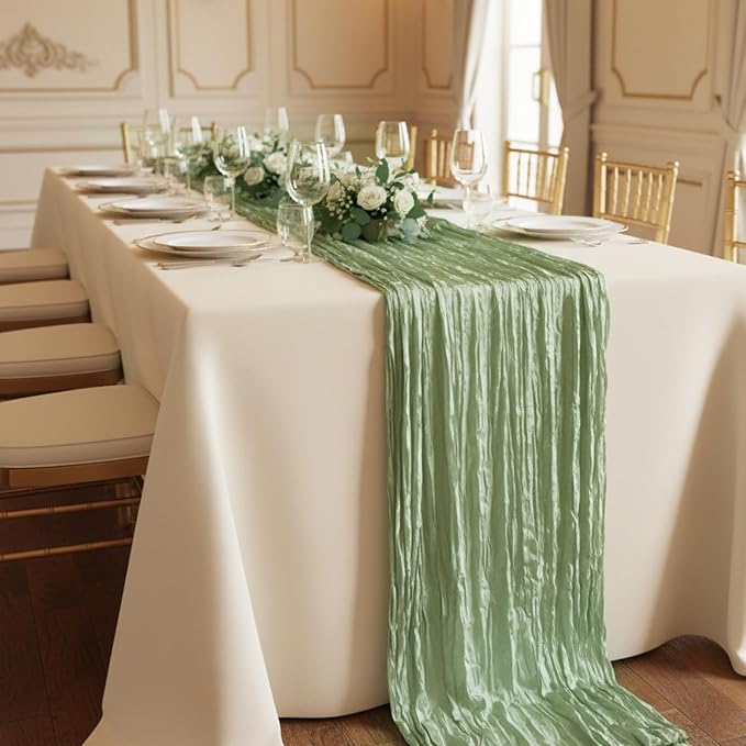6 Pack Sage Green Cheesecloth Table Runner 120 Inch 10FT Cheese Cloth Runners for Baby Shower, Boho Decor, Wedding Decoration, Jungle Theme Party