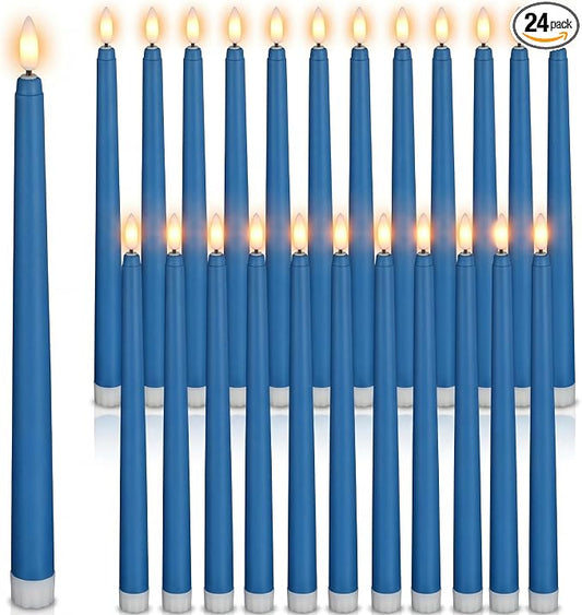 Macarrie 24 Packs Flameless Taper Candles Battery Operated Fake 11 Inch Long Candlelight LED Flameless Candlesticks Flickering Tapered for Summer Fall Wedding(Blue)