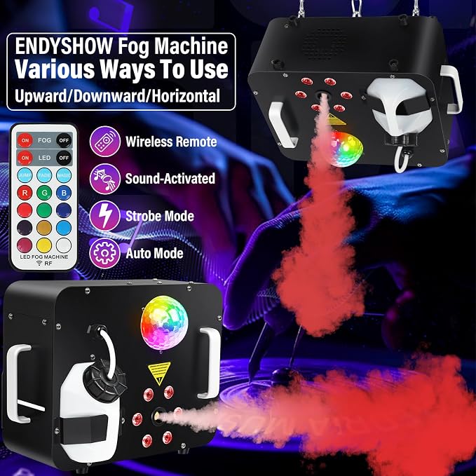 Fog Machine,1000W DJ Smoke Machine Maker with Disco Ball&6 RGB LED Lights Produce 30000 CFM Smoke Vertically or Horizontally by Remote Control for DJ Party Wedding Stage Show Lighting