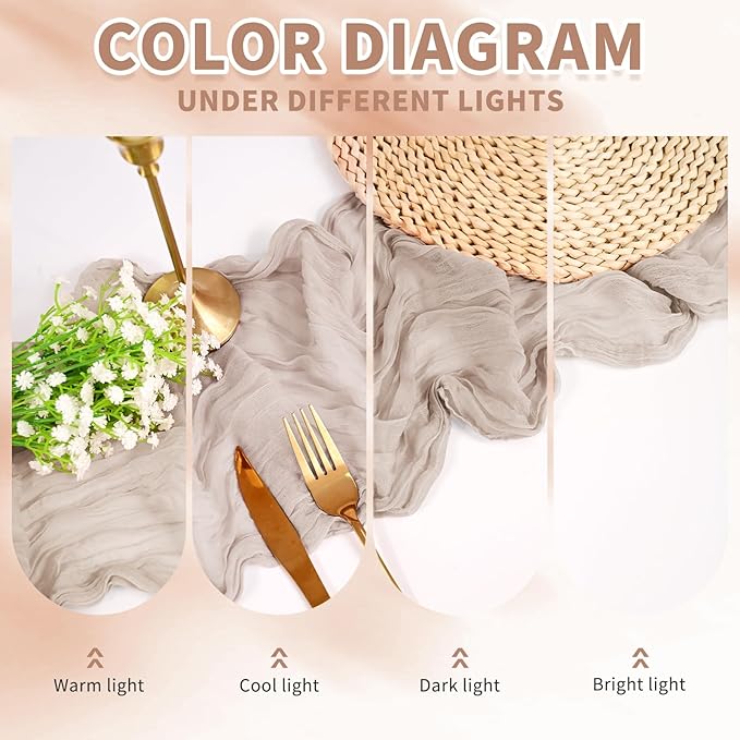 12 Pack Cheesecloth Table Runner,Brown Grey Table Runner Long Romantic Semi Sheer Rustic Boho Gauze Table Runners for Wedding Bridal Shower Birthday Party Decorations(17.7×108 Inch)