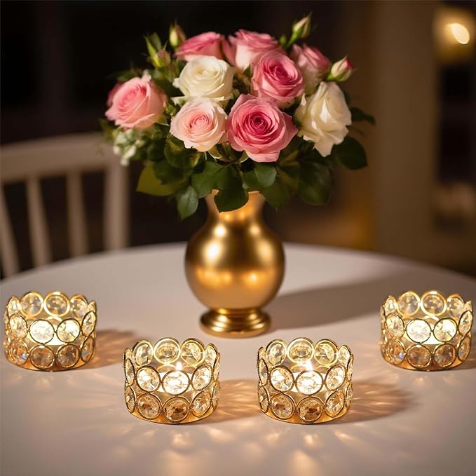 12 Pack Gold Metal Crystal Tea Light Candle Holders - 2.4"x1.6" Bulk Small Votive Candle Holders for Wedding, Home, Party Table Centerpiece Decorations