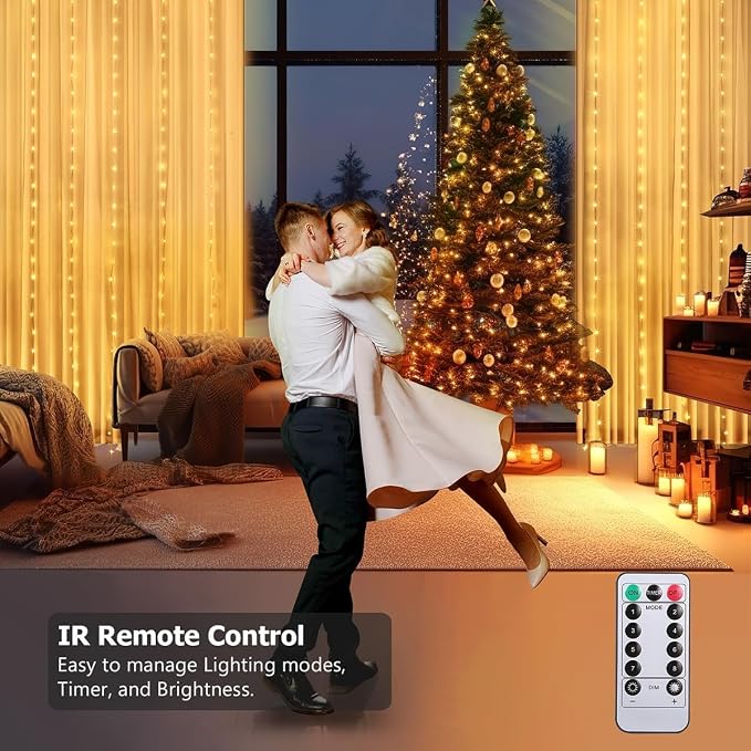 Fairy Curtain Lights 8ft x 6ft, 144 Warm White LED Twinkle Lights | USB Powered & Battery Box Operated Curtain String Lights Remote,Timer,Dimmable for Bedroom Wall Wedding Party Christmas Decor