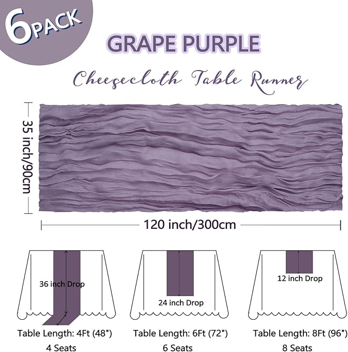 6 Pack Grape Purple Cheesecloth Table Runner 10Ft Gauze Cheese Cloth Table Runner 35x120 Inch Boho Sheer Rustic Fabric for Party Decor Baby Shower Wedding Centerpiece Home Table Decorations