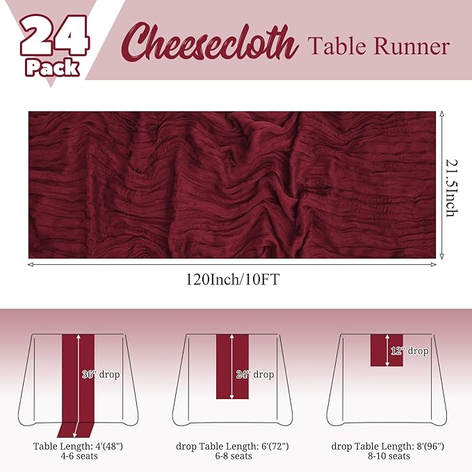 24 Pack Burgundy Table Runner 10Ft Cheesecloth Table Runner Rustic Gauze Table Runners Romantic Long Sheer Fabric Cheese Cloth Table Runners for Wedding Party Bridal Baby Shower