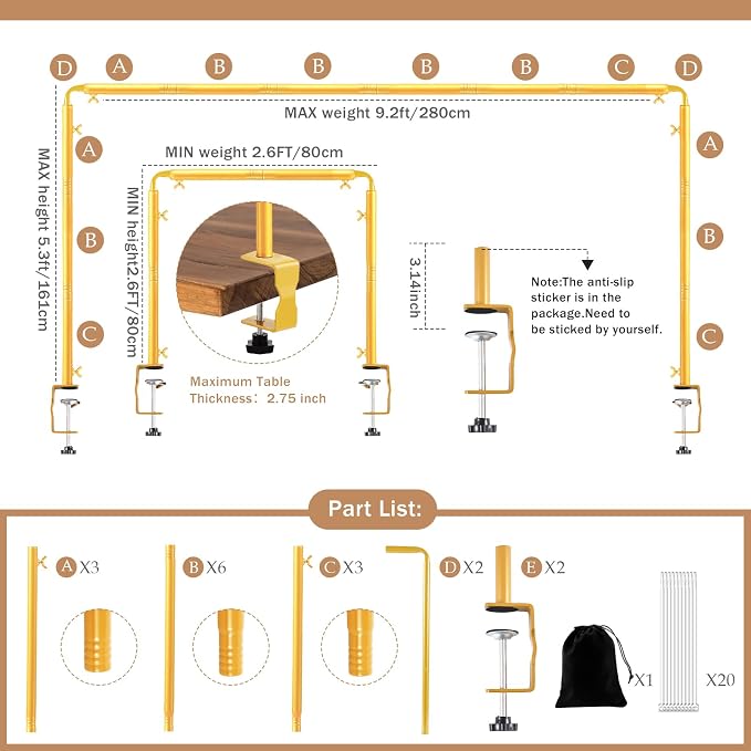 Over The Table Rod Stand with Clamps Adjustable 31-110 in Length 31-64 in Height Gold Table Balloon Arch Hanging Stand with Storage Bag for Valentines Day Wedding Birthday Party Decoration