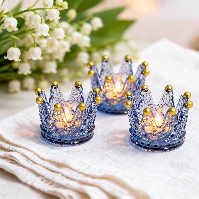 Rubtlamp 6 Pack Blue Votive Crown Candle Holders with Gold Tips, Glass Tealight Candle Holders Candlestick for Table Centerpieces Wedding Party Dinner Home Table Decor