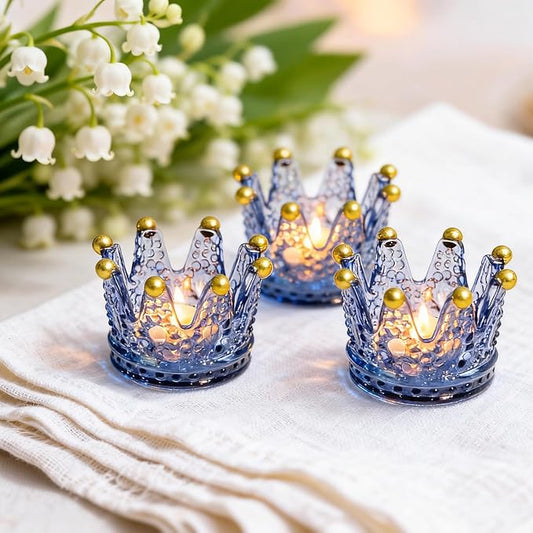 Rubtlamp 6 Pack Blue Votive Crown Candle Holders with Gold Tips, Glass Tealight Candle Holders Candlestick for Table Centerpieces Wedding Party Dinner Home Table Decor