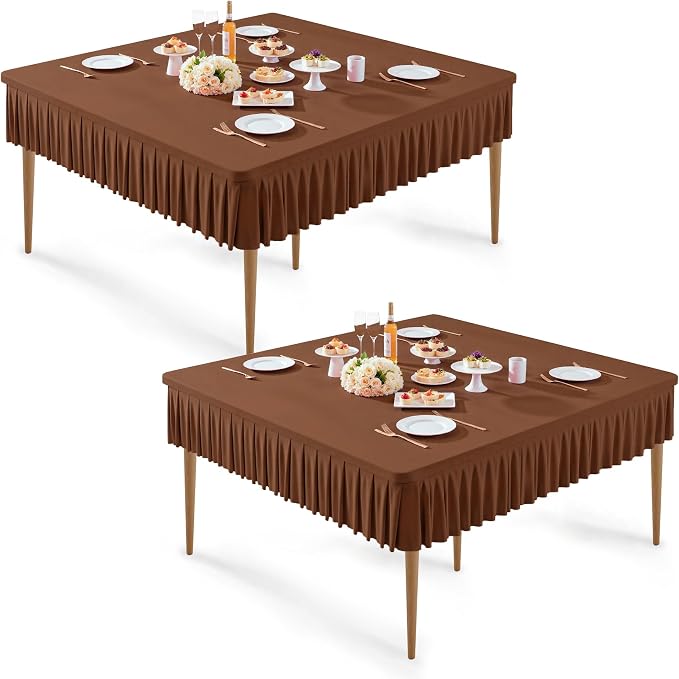Wish Care 2 Pack Brown Spandex Tablecloths for 54x54 Inch Square Tables, Stretch Fitted Table Clothes with Pleated Ruffle Skirt for 54” Table, Wrinkle Free and Elastic, for Party Kitchen Home Dining