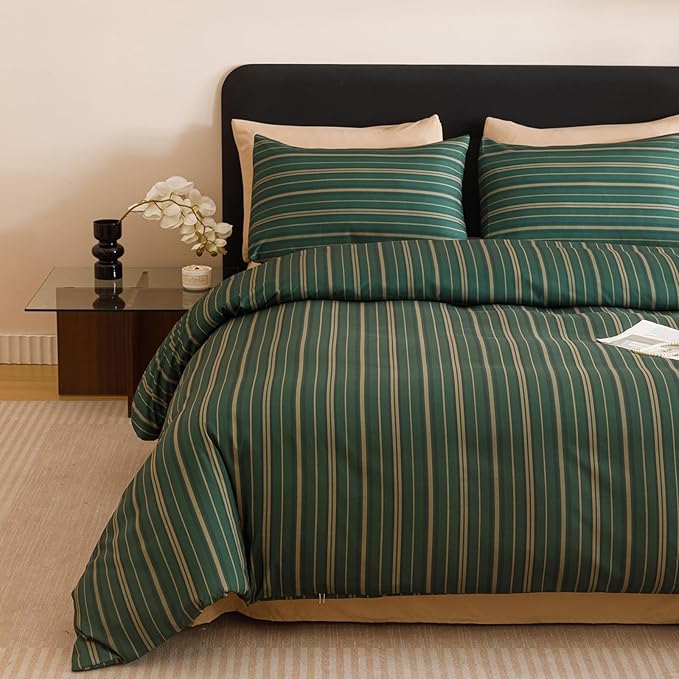 KAREVER Green Stripes Comforter Queen Vertical Ticking Striped Dark Green Bedding Set Durable Chic and Stylish Bedroom Set