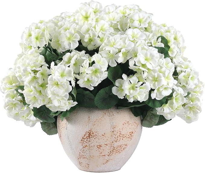 Hananona 12 Pcs Artificial Geranium Flowers for Outdoors Geranium White Silk Flowers Outdoor UV Resistant Garden Plants Faux Flowers for Home Kitchen Table Centerpieces Decor (12, White)