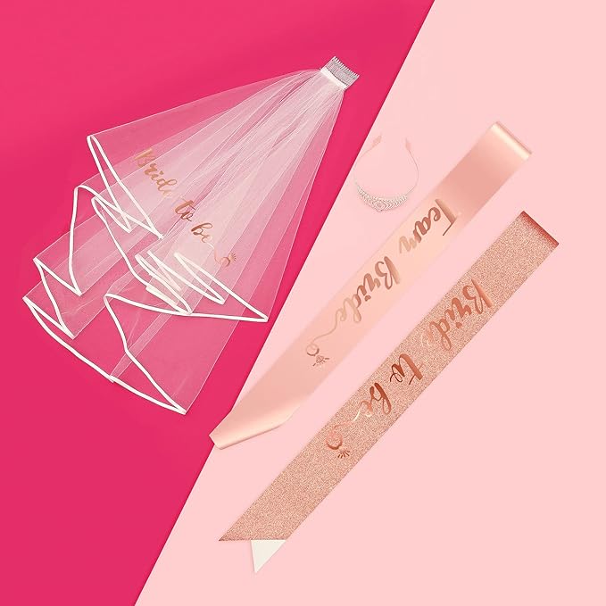 Bachelorette Party Decorations Kit, Bridal Shower Supplies, Rose Gold Bride to Be Bachelorette Sash Veil Crown Tiara for Bride, Team Bride Tribe Sash for Bridesmaids
