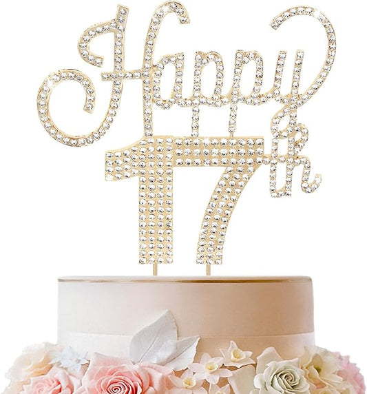 LINGTEER Happy 17th Birthday Gold Rhinestone Cake Topper - Cheers to 17th Birthday Seventeen Years Old Party Cake Centerpieces Topper Decorations Gift Sign.