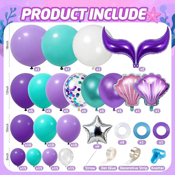 Mermaid Birthday Party Decorations Supplies Includes Banner, Backdrop, Foil & Latex Balloons, Tablecloth, Foil Fringe Curtain, Cake & Cupcake Toppers for Girls Women Under The Sea Theme Party