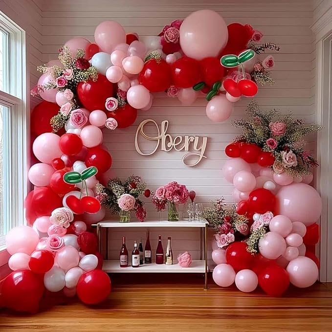 Red Pink Balloon Arch Double Stuffed Latex Pink White Pearl Balloons Red Green Long Balloon Garland for Cheery On Top Baby Shower Birthday Christmas Bridal Shower Garden Berry Party Decoration