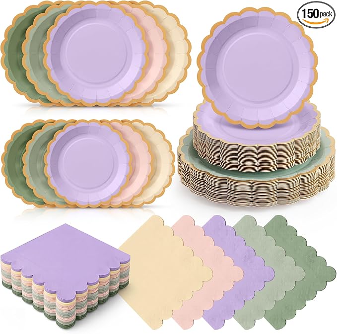 Zhehao 150 Pcs Fairy First Birthday Decorations Pink Green Purple Plates and Napkins Tableware Serves 50 Include 9 Inch 7 Inch Scalloped Wave Edges Paper Plate and Napkin for Wedding Baby Shower Party