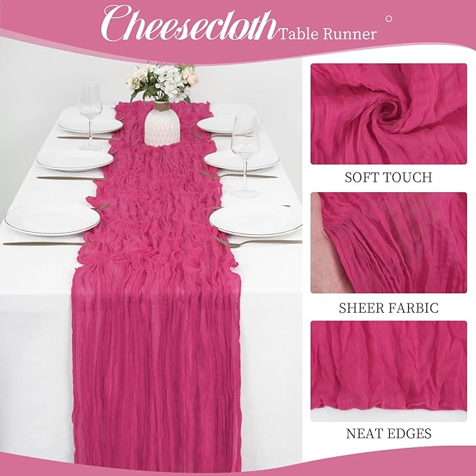 12 Pack 10Ft Hot Pink Cheesecloth Table Runner 35 x 120 inch Boho Gauze Cheese Cloth Table Runner Vintage Rustic Sheer Runners for Wedding Bridal Shower Birthday Party Cake Table Decorations