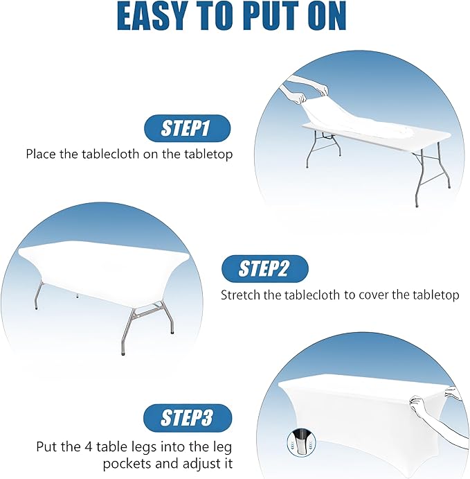 6FT White Table Cloth - 6 Pack Fitted Stretch Rectangle Spandex Tablecloth, Washable Table Cover for Party, Picnic, Wedding, Banquet, Birthday and Festival(30" x 72")